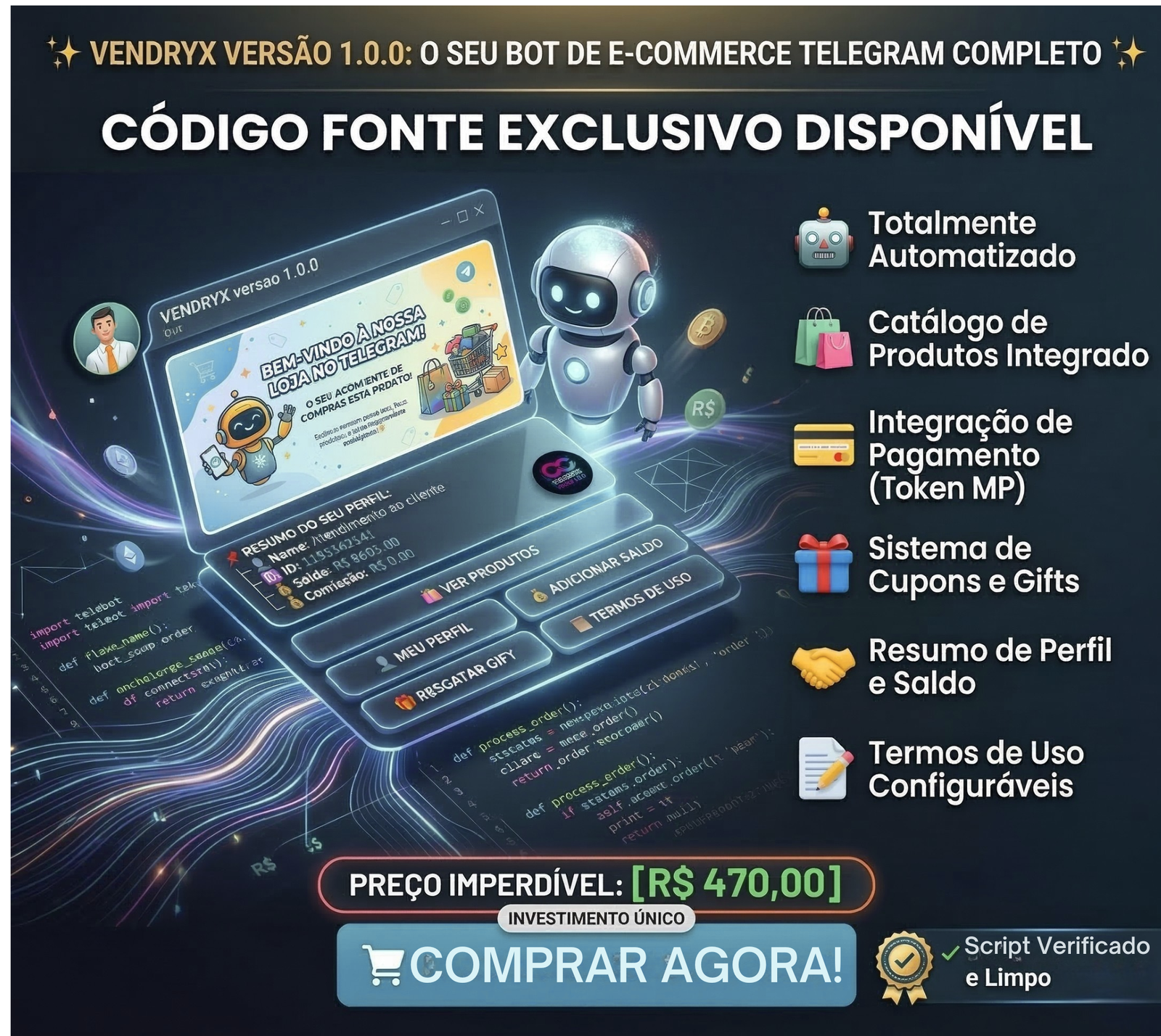 Bot de Vendas Automáticas Telegram - Sistema VENDRYX Oficial com Pix e Afiliados
