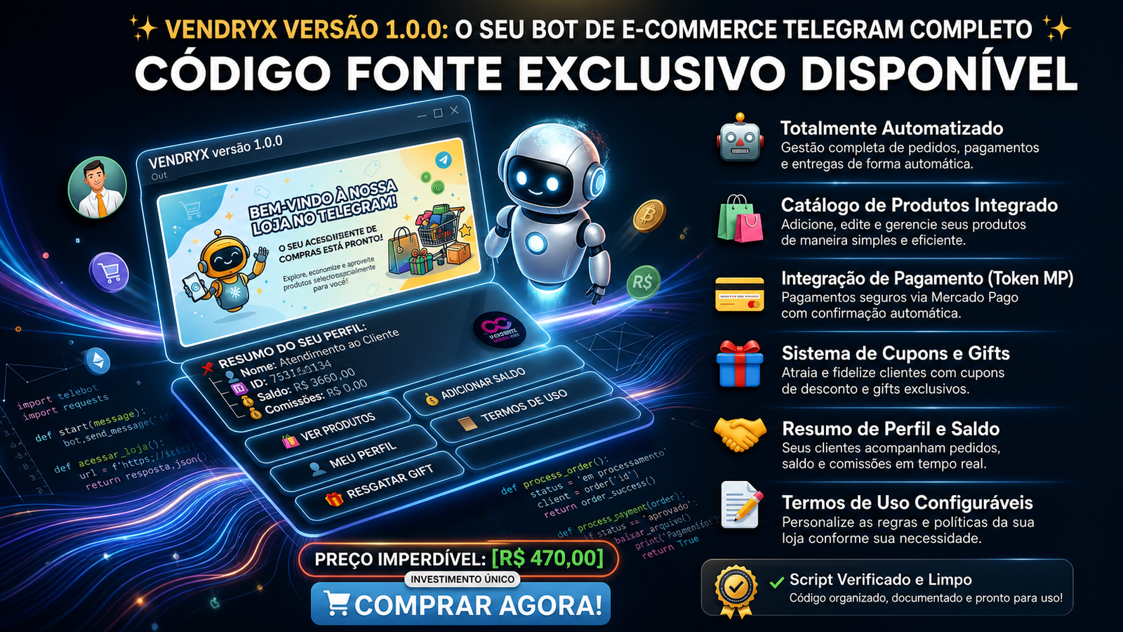 Bot de vendas automáticas VENDRYX para Telegram com pagamento PIX e painel de afiliados