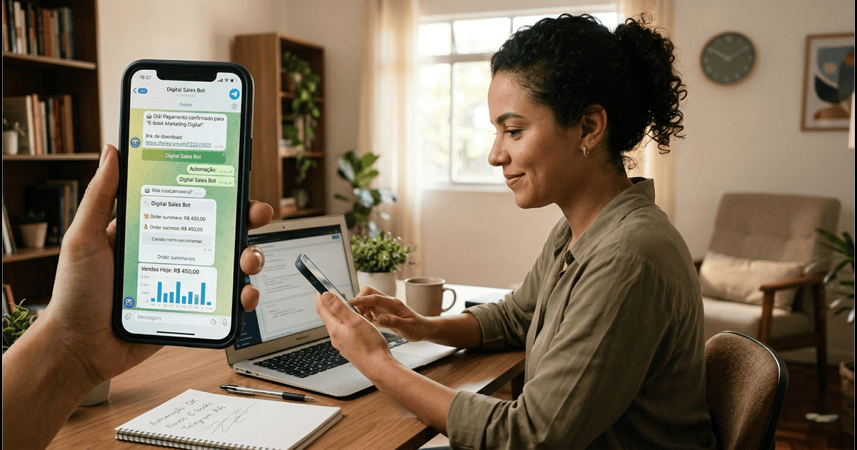 Pessoa usando o Telegram no celular para vender produtos digitais com automação e bots de vendas
