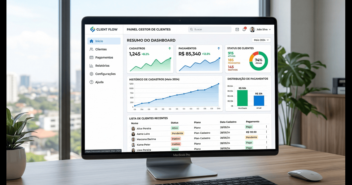 Painel gestor de clientes com dashboard exibindo métricas de cadastros, pagamentos e status de clientes